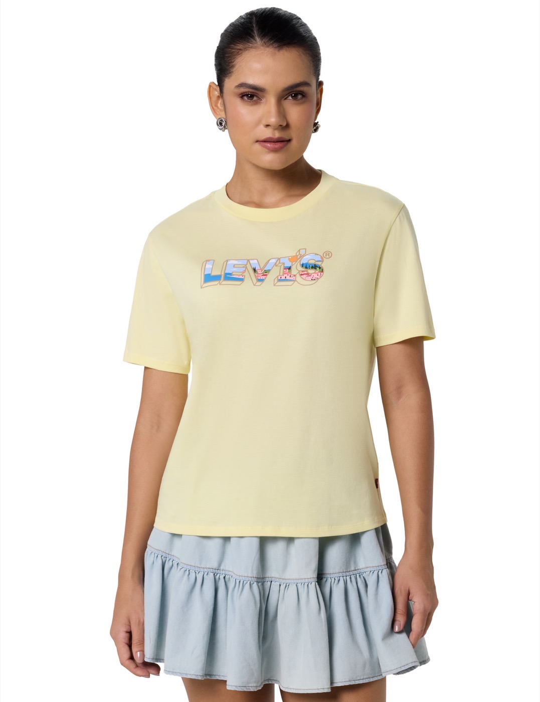 Levi's yellow graphic tee and denim skirt — Image, premium retouch · After