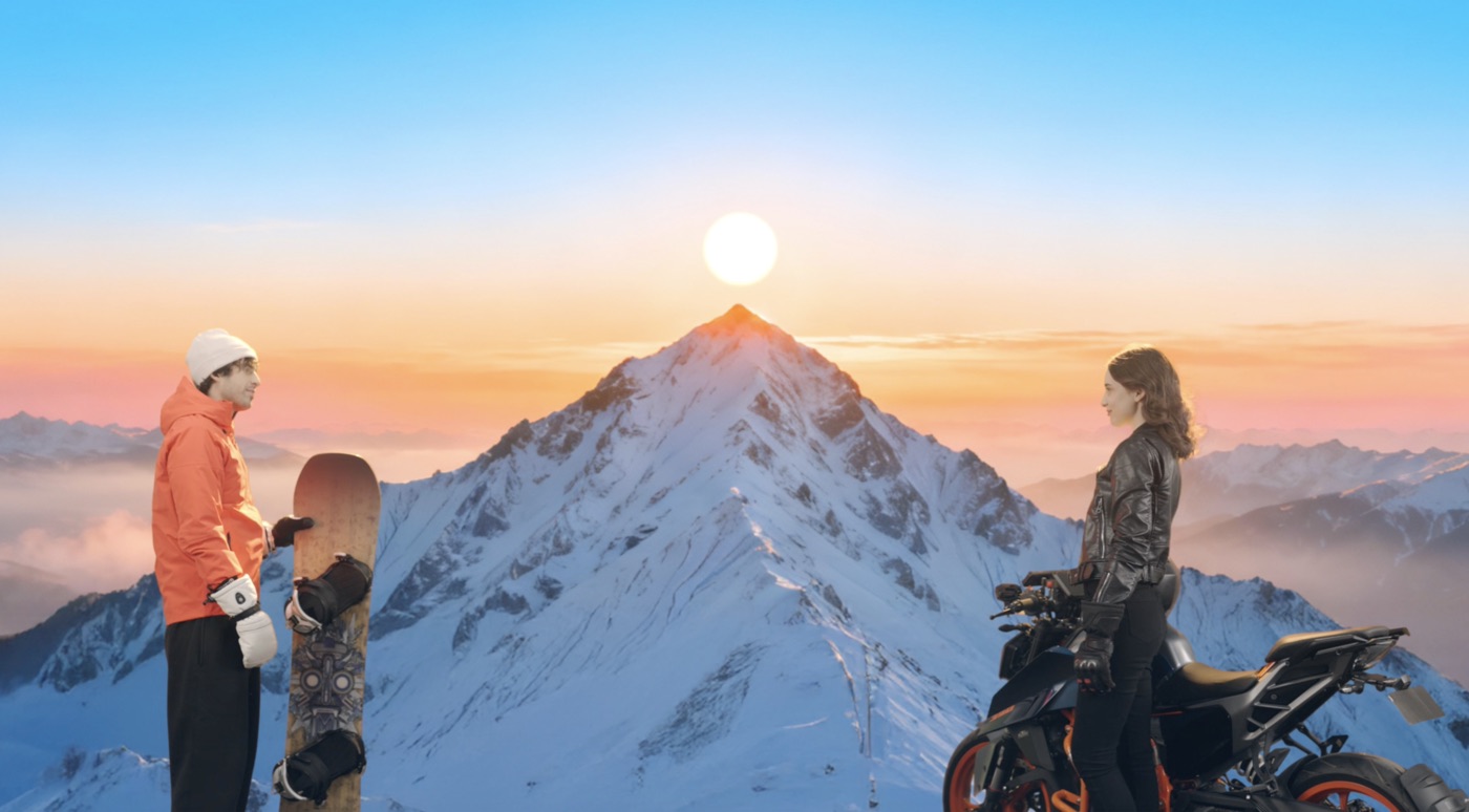 Alpine motorcycle and snowboard hero — AI, campaign still