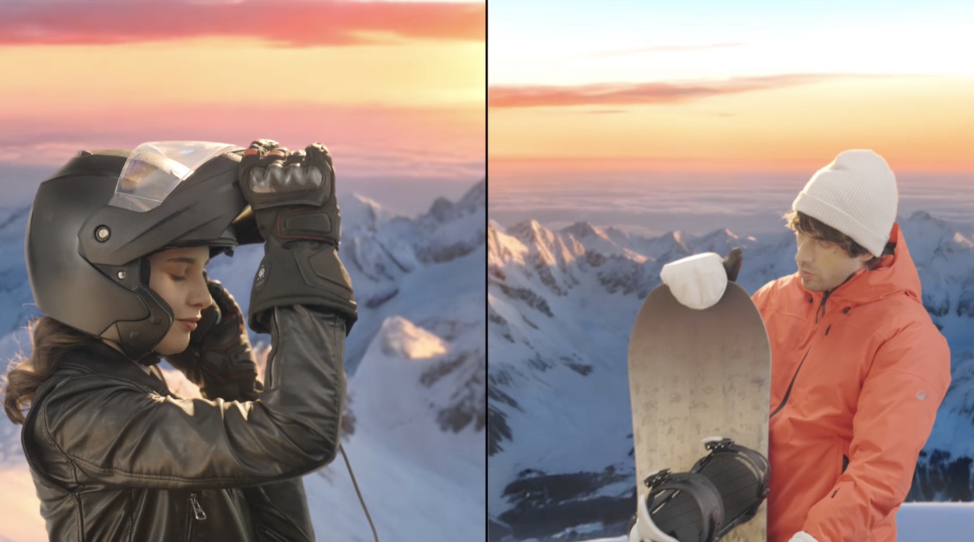 Helmet and snowboard mountain composite — AI, campaign still
