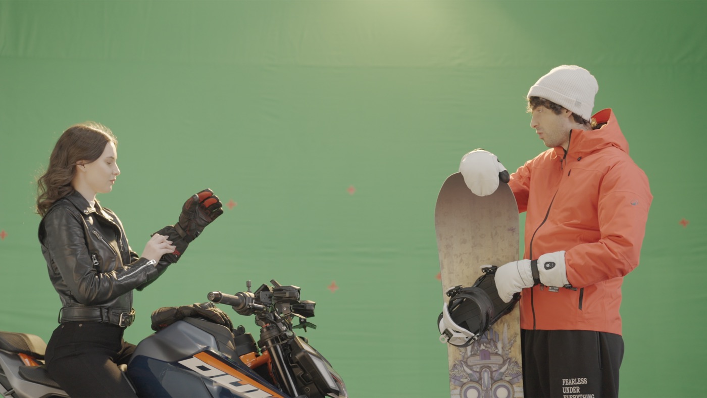 Green-screen motorcycle and snowboard setup — AI, production still