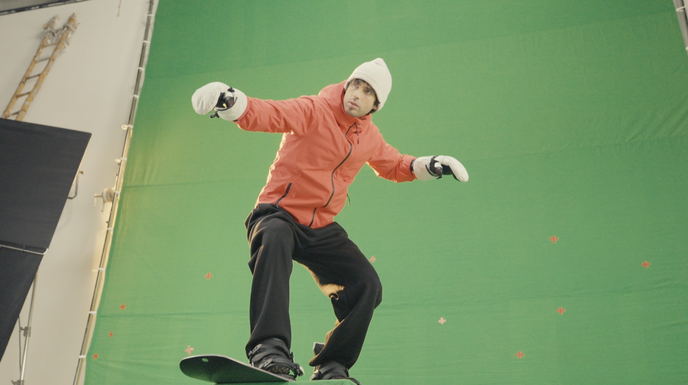 Green-screen snowboarder — AI, production still