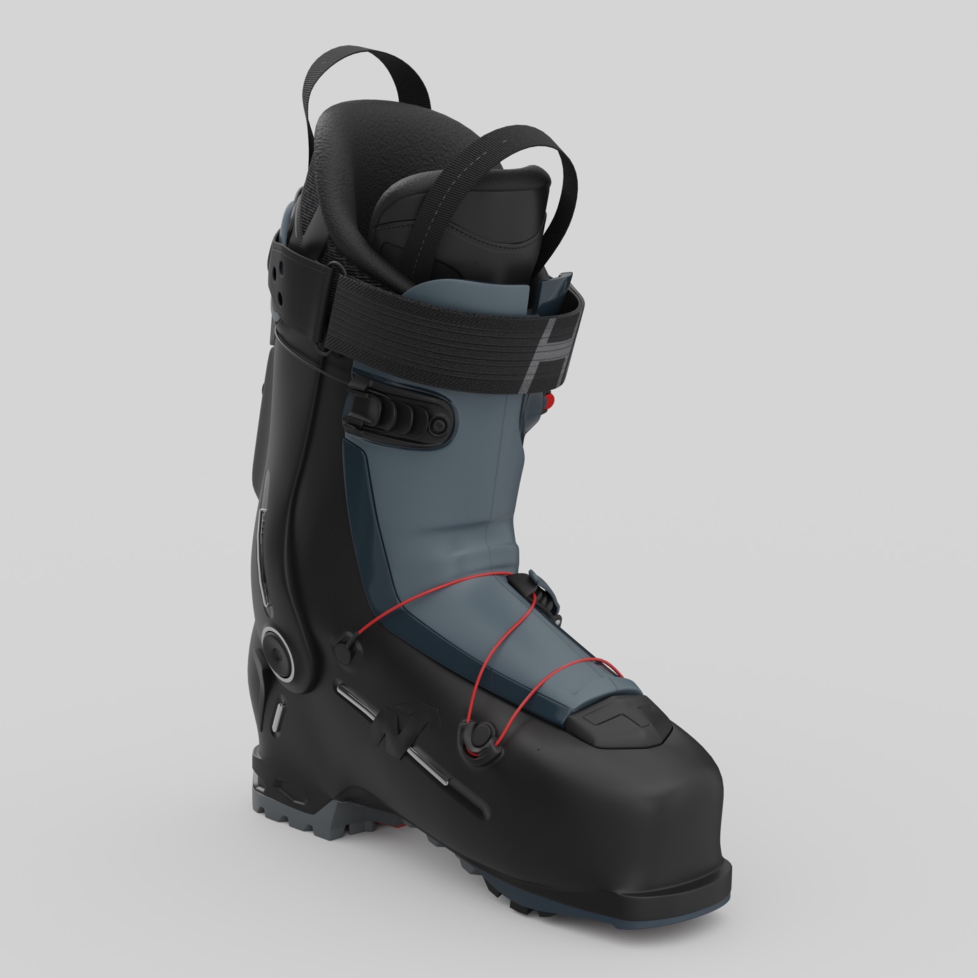 Black cable-closure ski boot — 3D, packshot