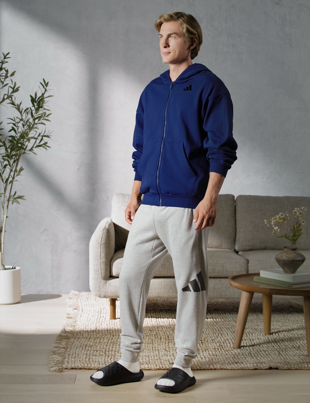 Adidas blue hoodie and grey joggers — Image, sportswear retouch · After