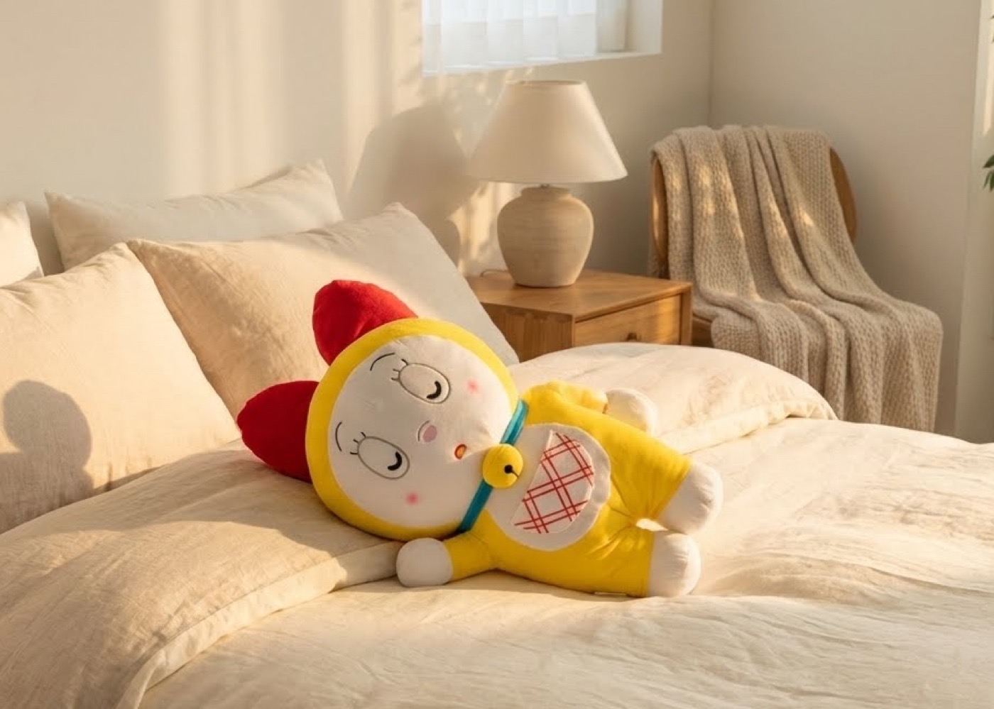 Dorami plush in bedroom — AI, lifestyle