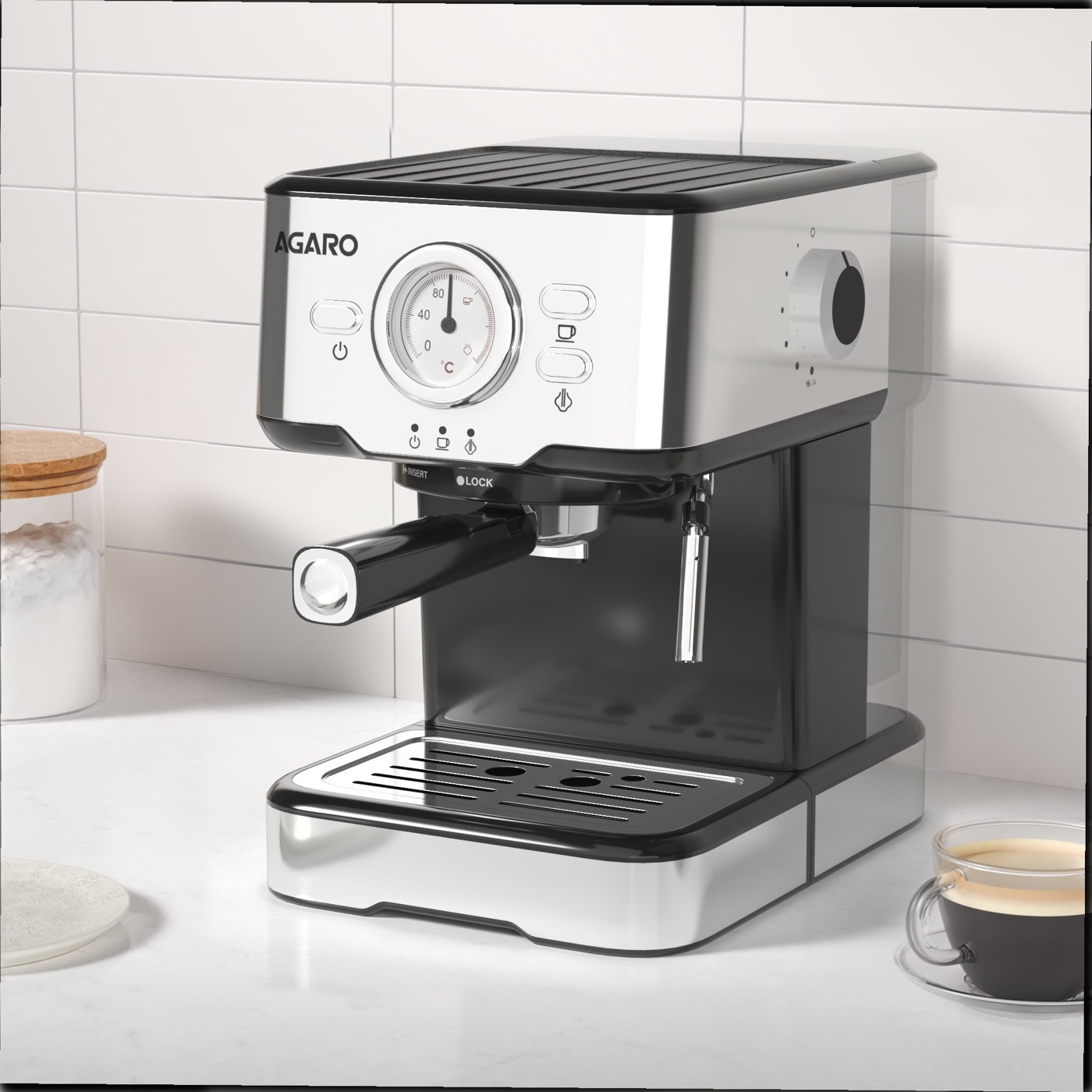 Agaro espresso machine — 3D, lifestyle vignette