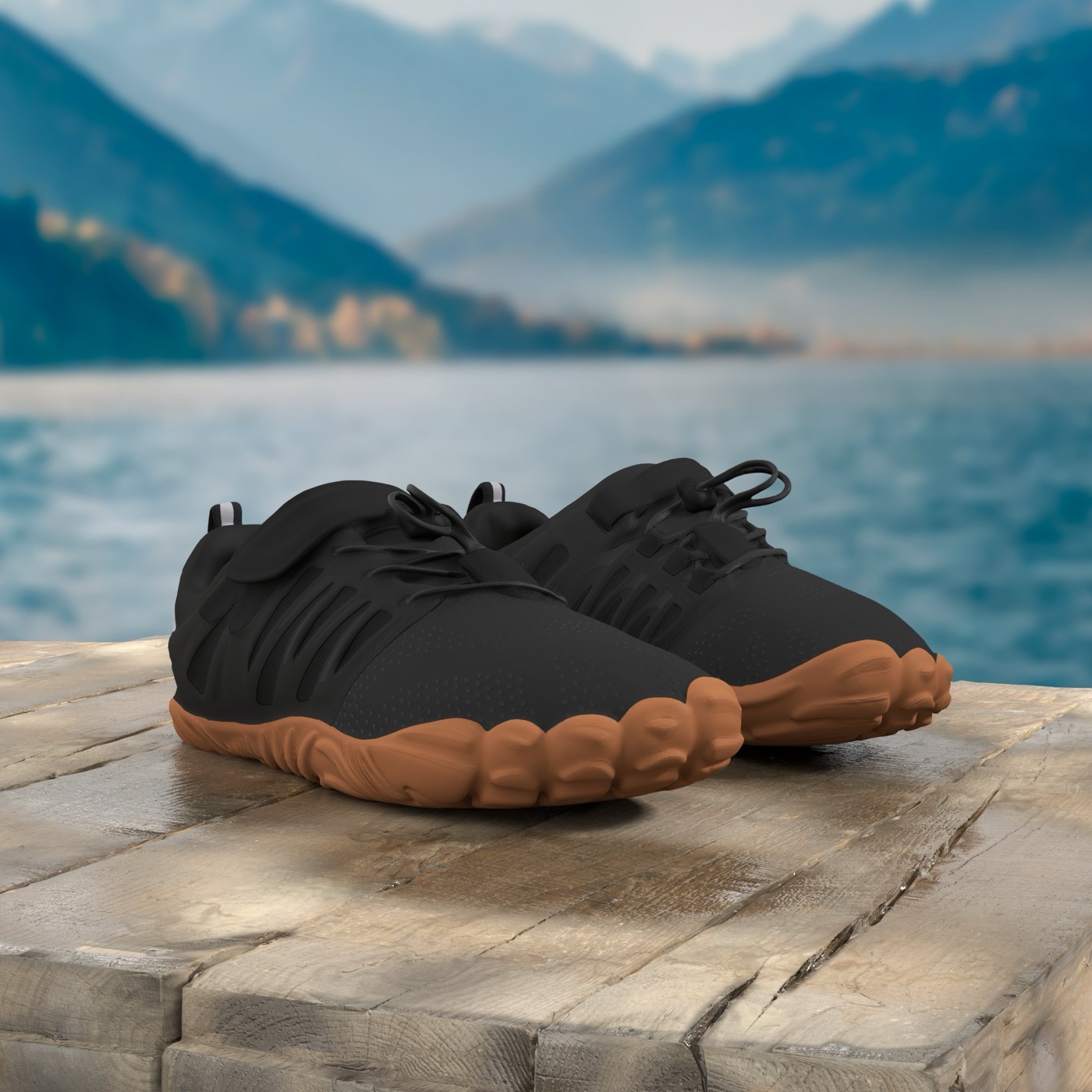 Barefoot trail shoes on dock — 3D, lifestyle vignette