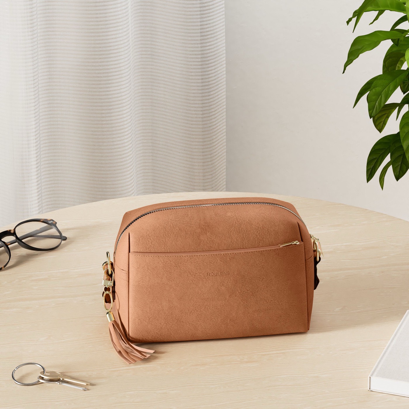 Roulens tan crossbody bag — 3D, lifestyle vignette