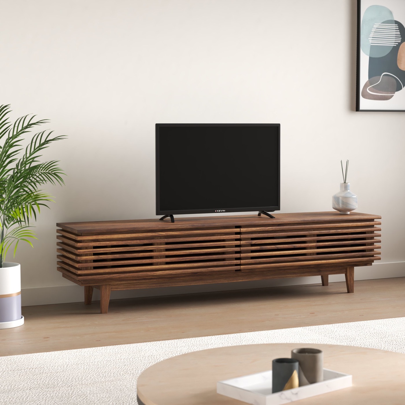 Walnut slat media console — 3D, lifestyle vignette